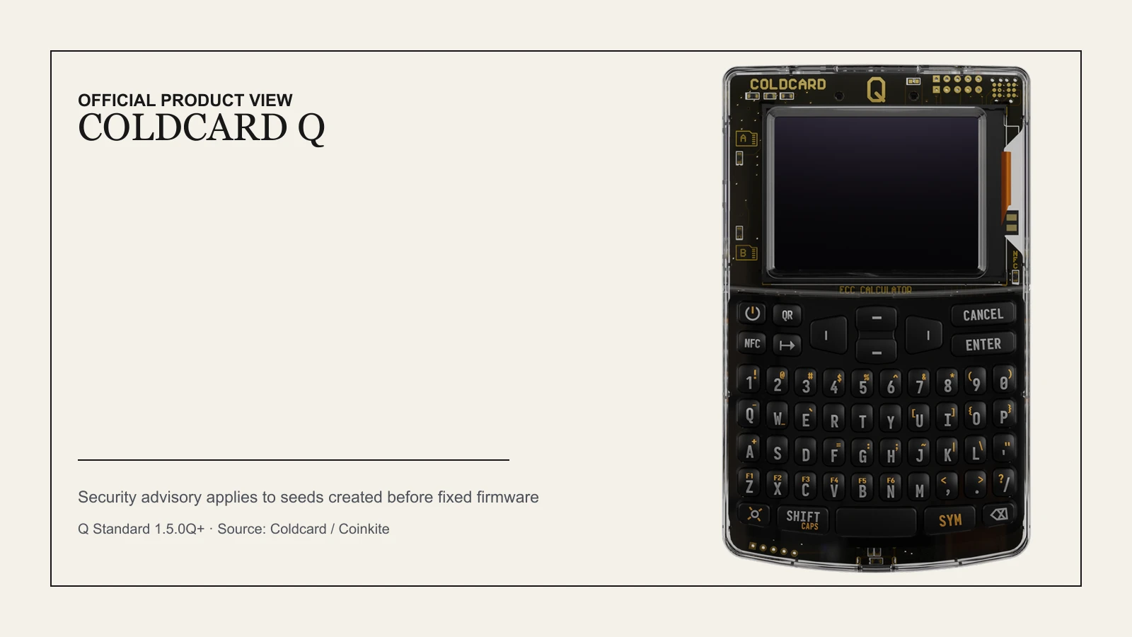 Official front product image of the Coldcard Q hardware wallet