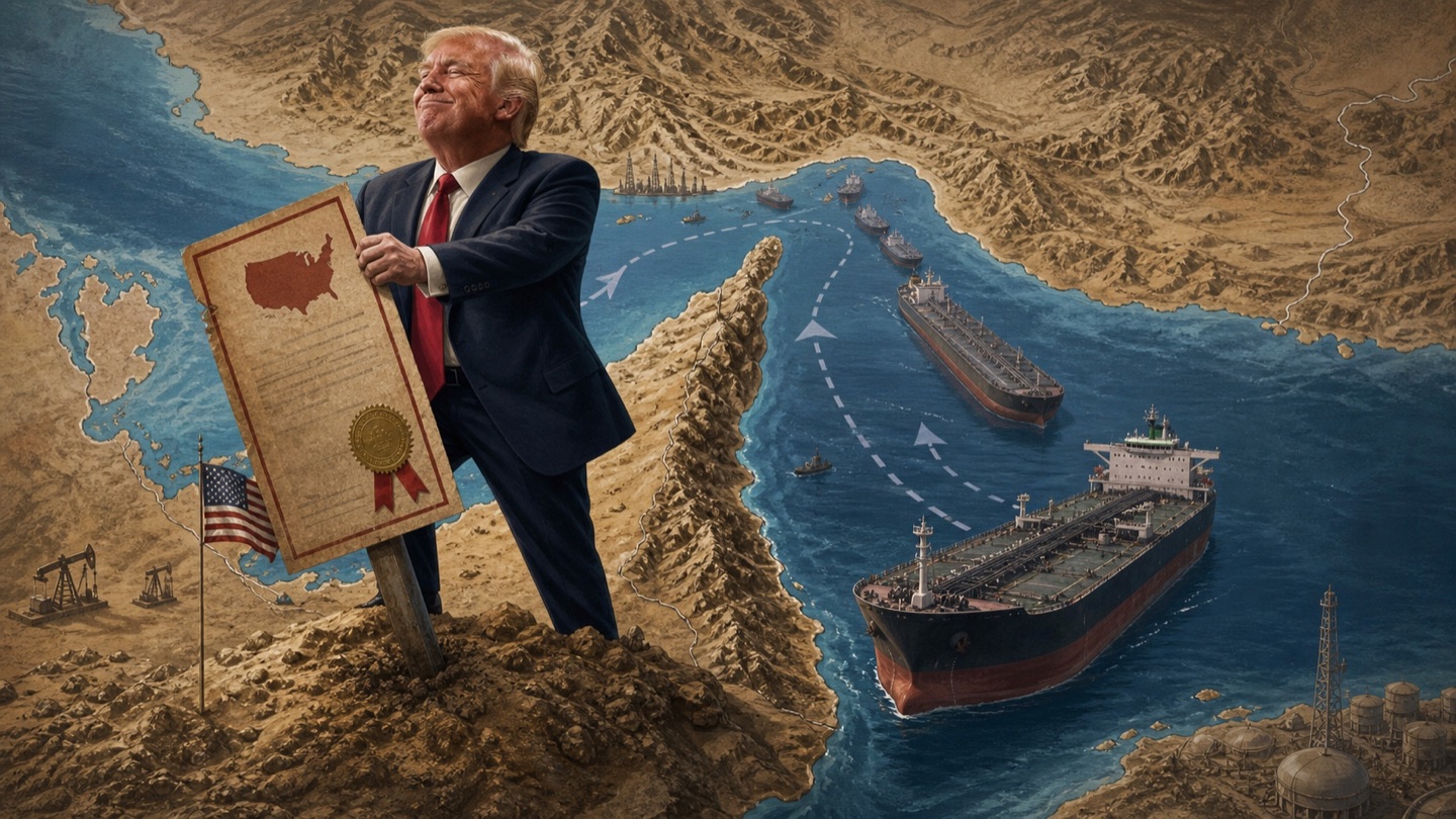 An editorial satire on treating the Strait of Hormuz as property while tankers carry the market risk.