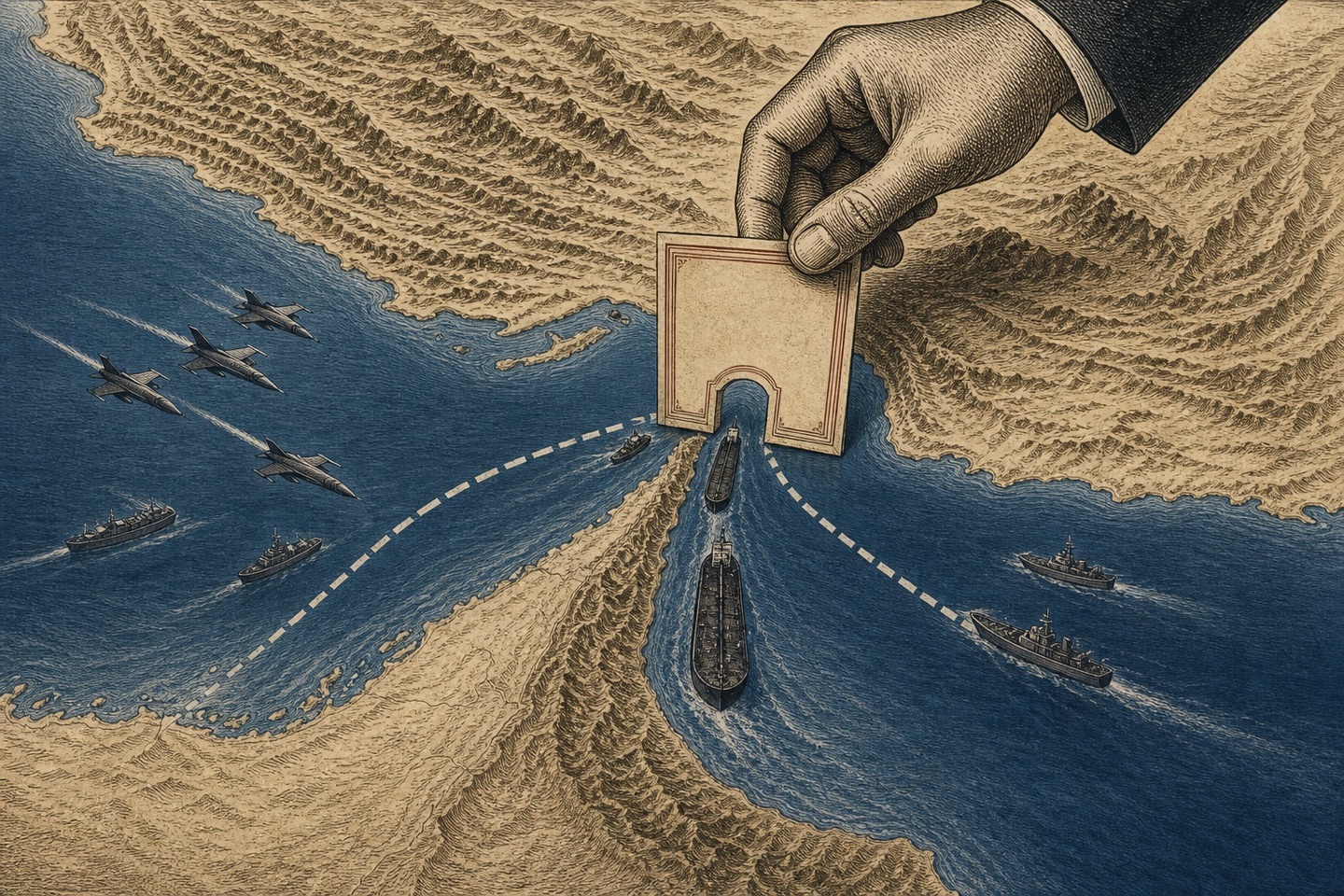 The strait is a physical choke point: political claims do not remove the shipping constraint.