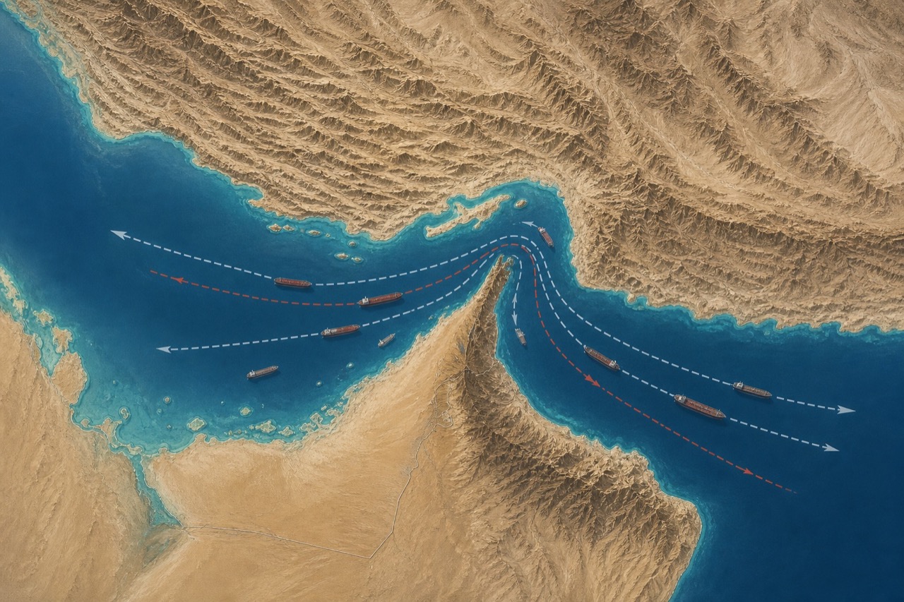 The Strait of Hormuz is a physical chokepoint between Iran and Oman, not a line that rhetoric can redraw.