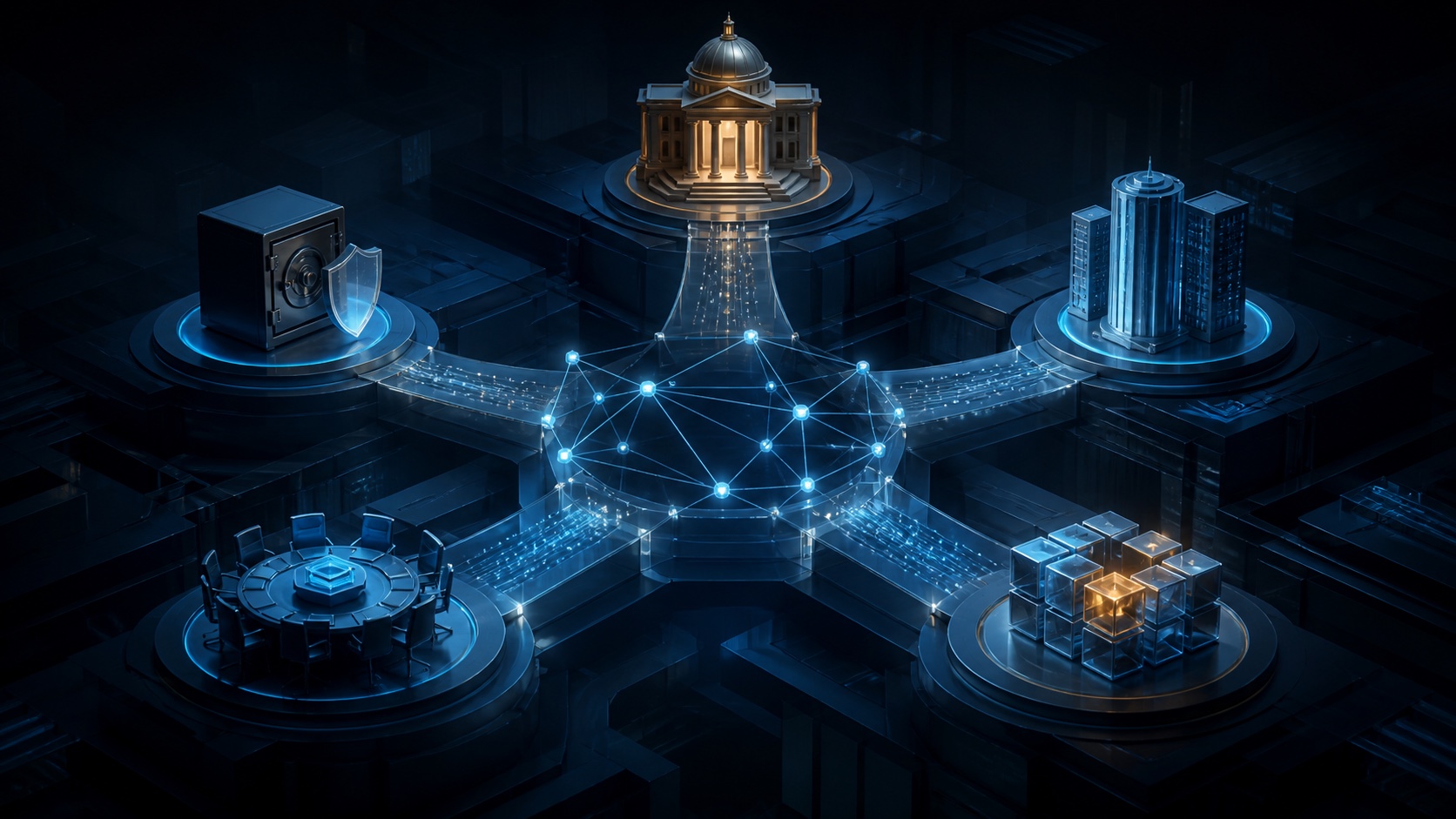 Editorial visual: five forces tested crypto's transition into a more institutional era.