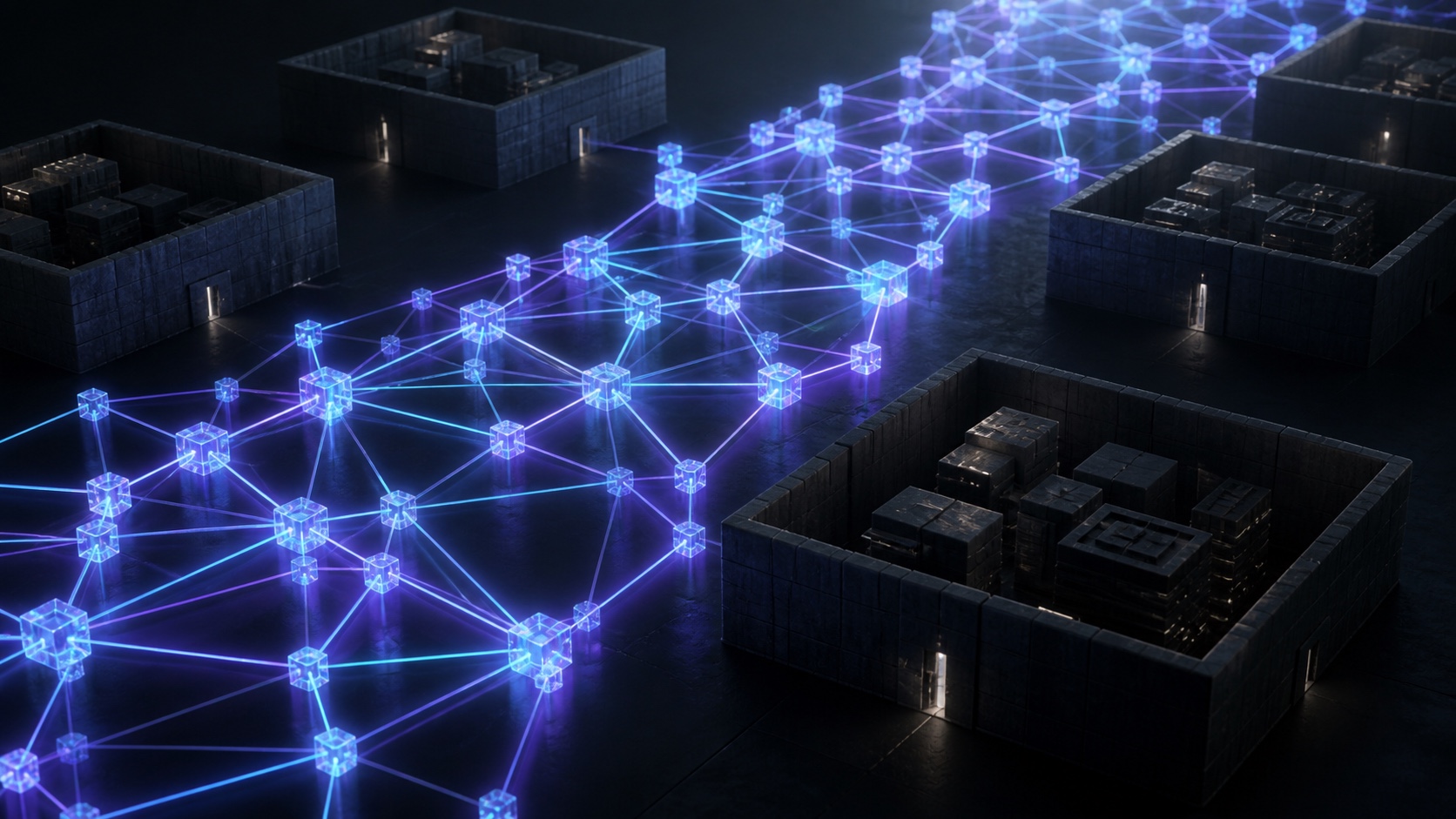 Editorial visual: an open network runs beside isolated permissioned systems.