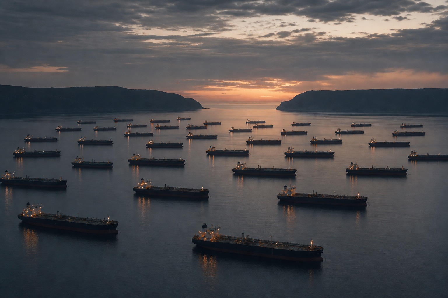 Editorial illustration: a constructed scene of a crowded anchorage waiting beside a channel that lies empty and unlit.