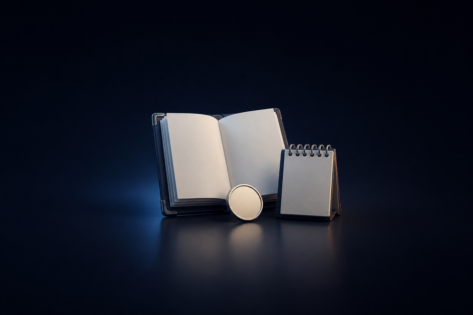 Editorial illustration: an open blank register, a plain unmarked coin disc and a blank desk calendar standing together.