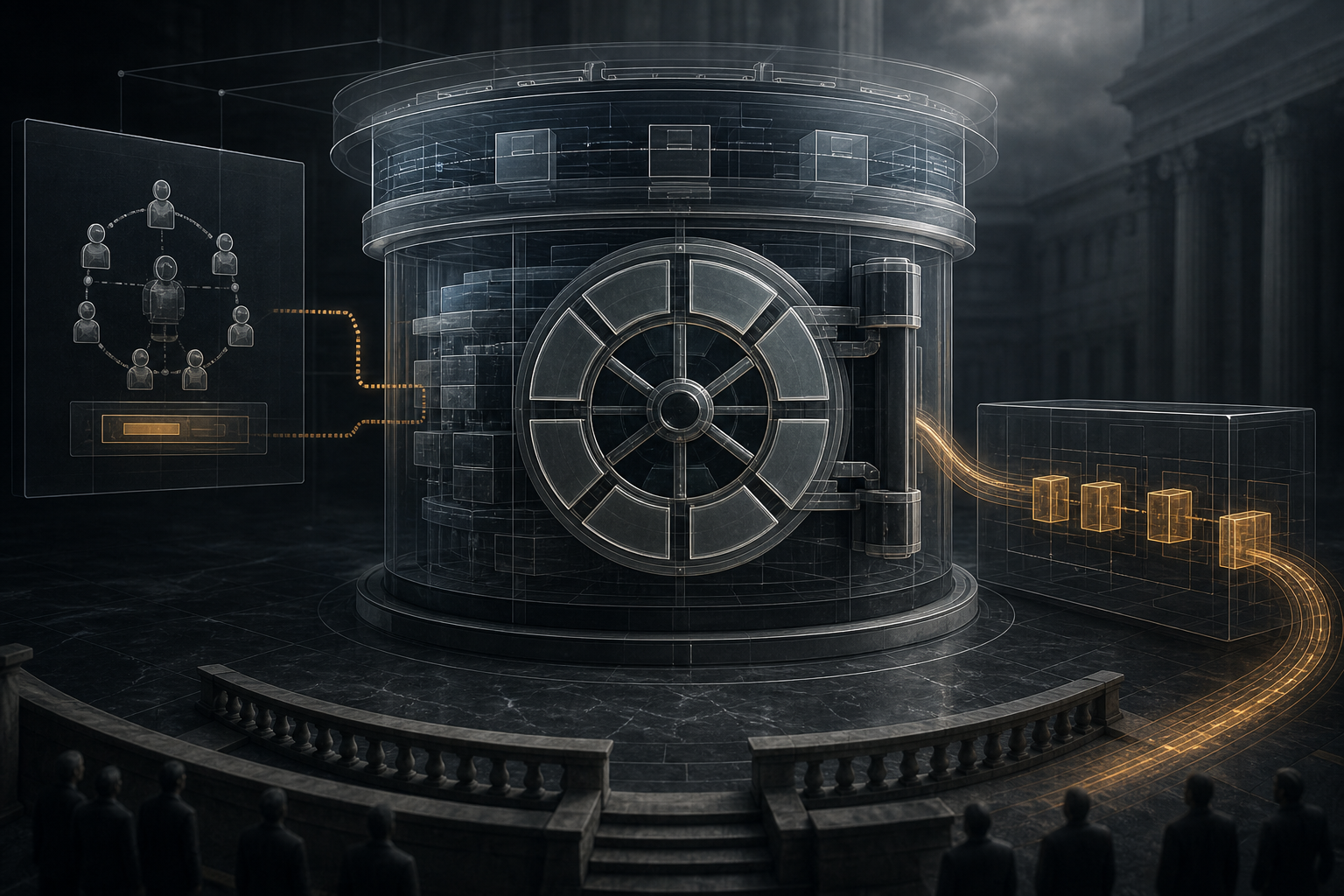 Editorial illustration: an intact vault sits inside transparent governance layers while a routed control path exits toward an external module.