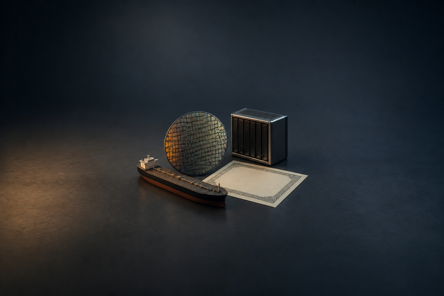 Editorial illustration: a semiconductor wafer, a closed slotted hardware enclosure, a crude tanker and a blank long-dated certificate set apart on one surface.