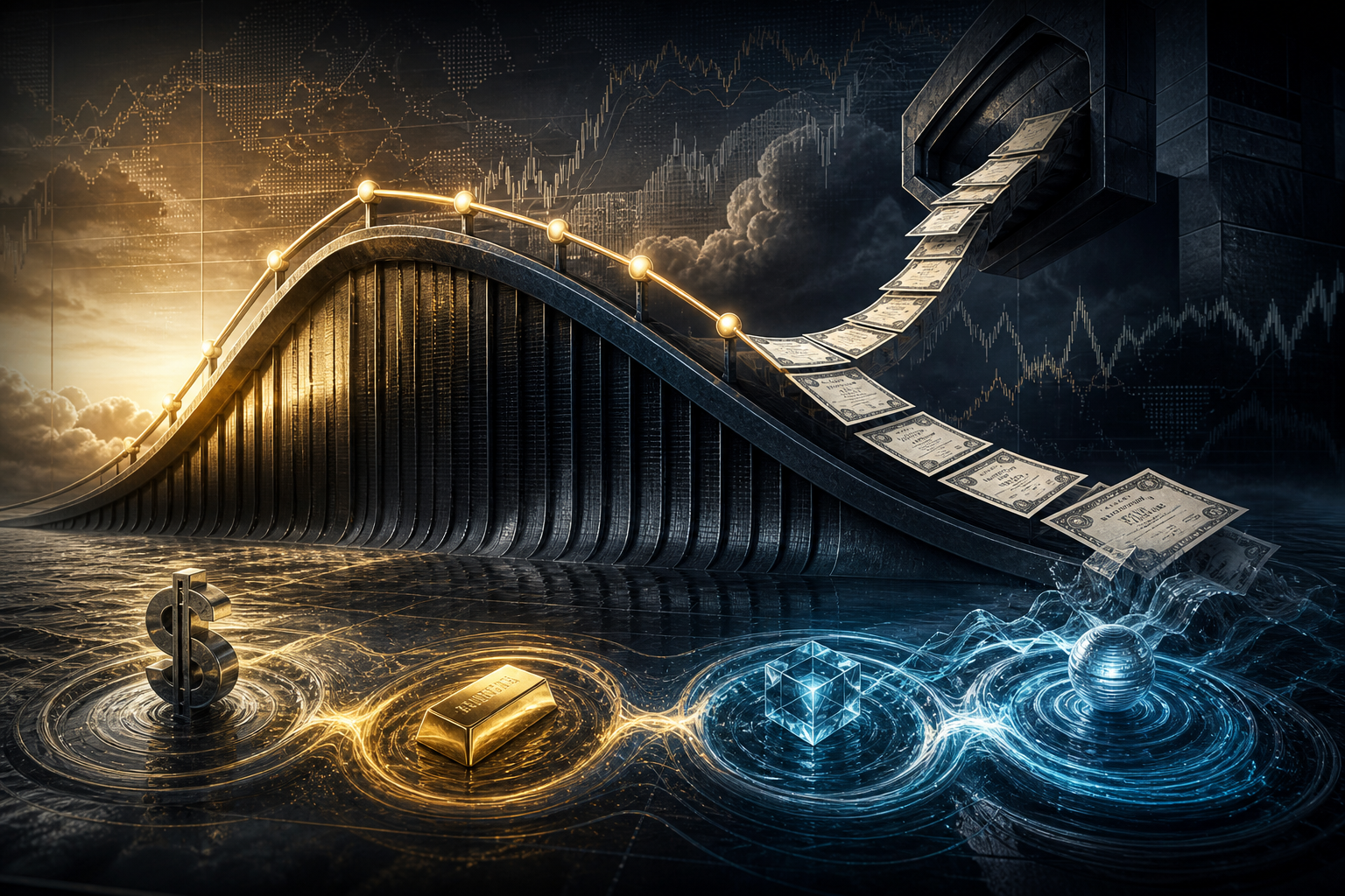 Editorial illustration: Treasury paper arcs over a long-rate curve toward pools representing the dollar, gold and crypto risk assets.